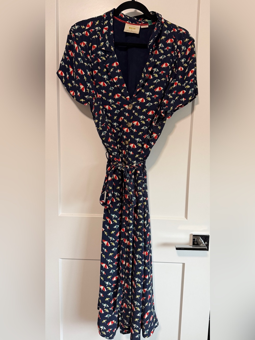 Anthropologie Navy Wrap Midi Dress with Red & Cream Umbrella Motif